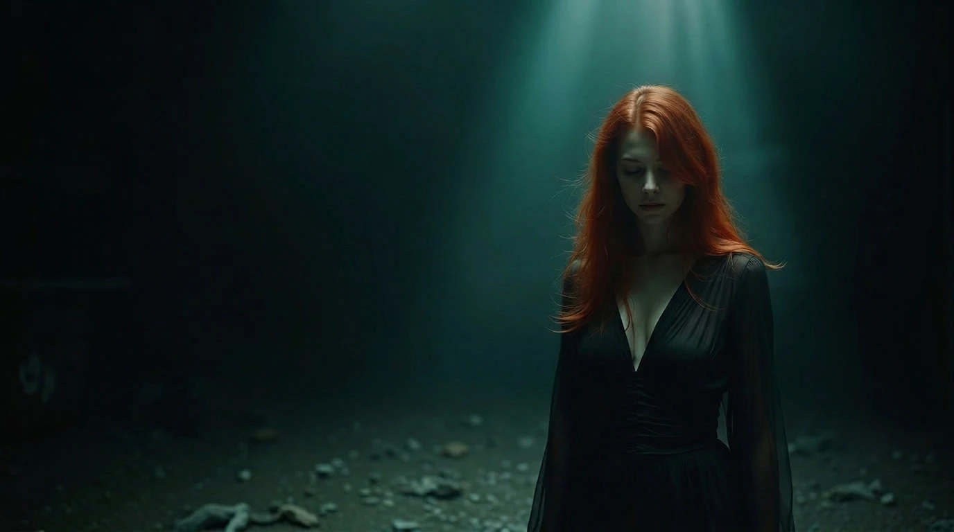 A red-haired woman standing beneath a shaft of light in a dark room
