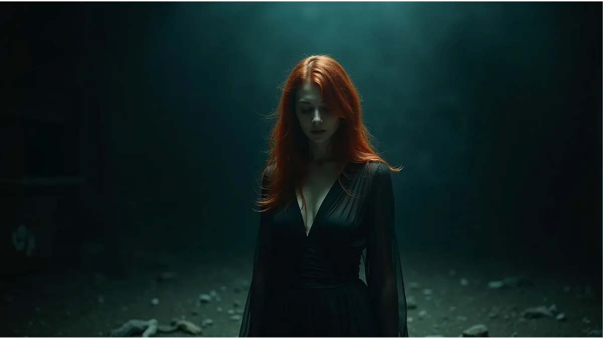 A red-haired woman standing beneath a shaft of light in a dark room