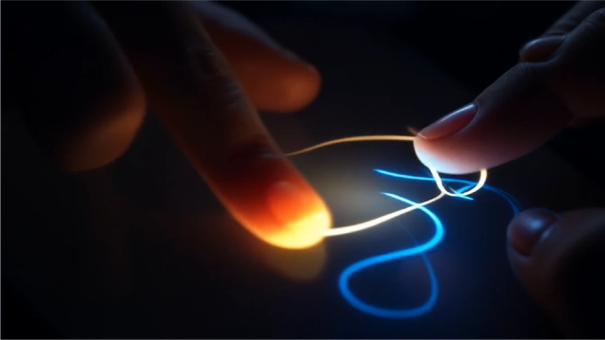 Two hands reaching toward glowing threads of light