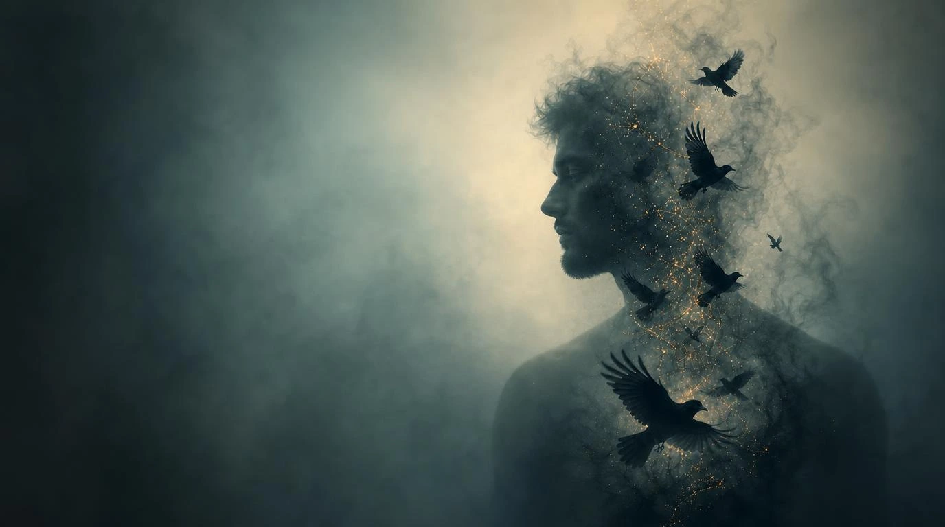 A man's silhouette dissolving into birds, mist, and threads of golden light