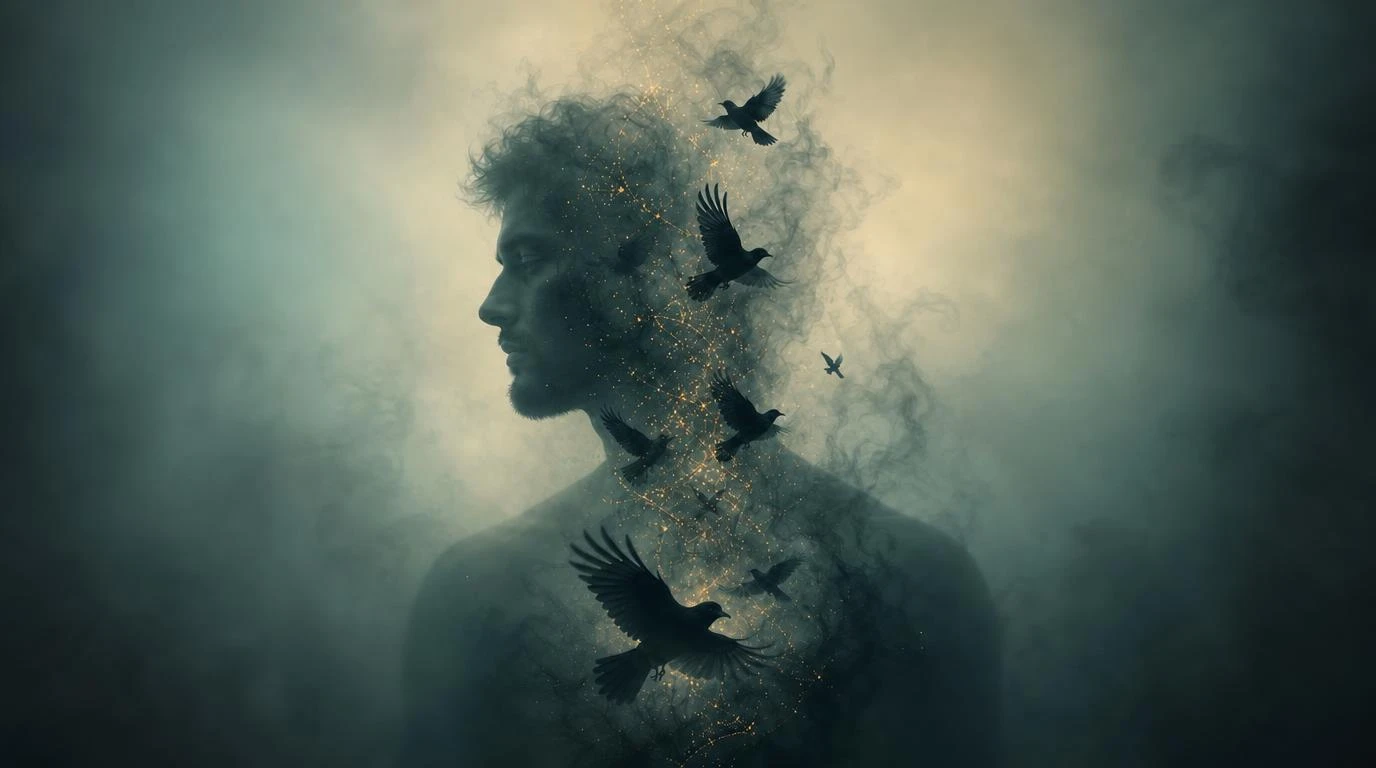 A man's profile dissolving into flying birds and threads of golden light