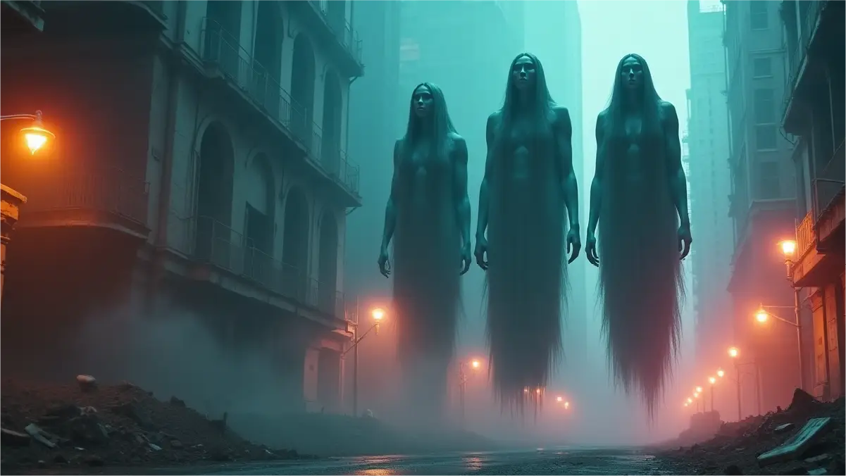 Three towering ancestral figures floating above a misty city street
