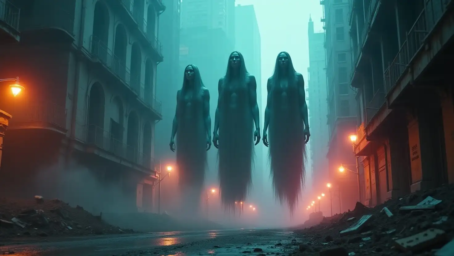 Three towering ancestral figures floating above a misty city street