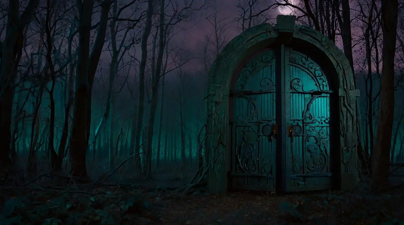 An ornate stone doorway in a dark, moonlit forest