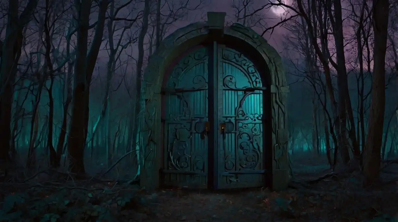 An ornate stone doorway in a dark, moonlit forest