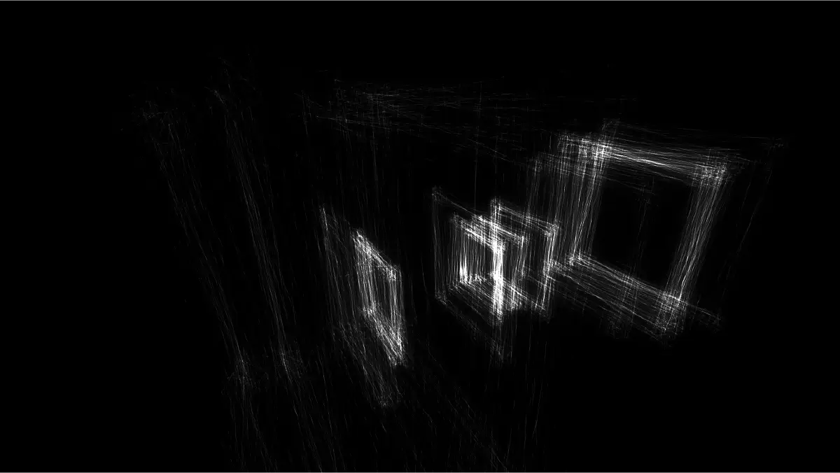 White generative lines forming illuminated window frames in darkness