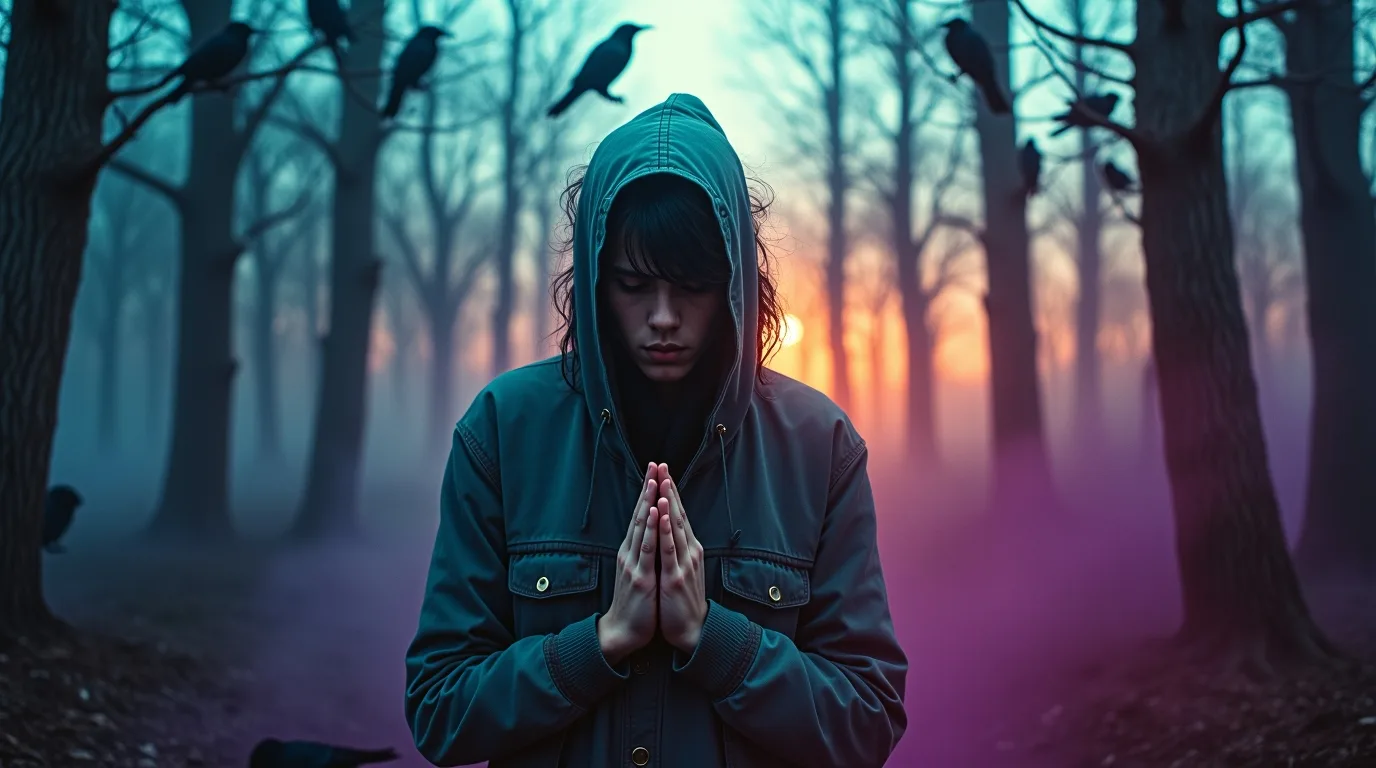A hooded figure with hands pressed together in a dusk forest, crows in the branches